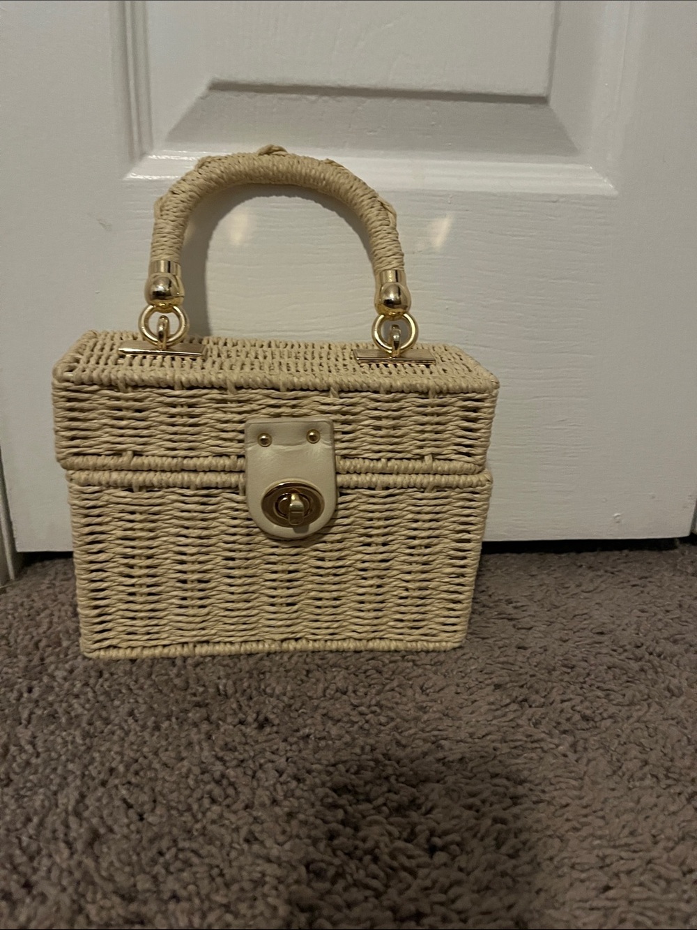 Woven Rattan Top-Handle Bag in Natural Cream